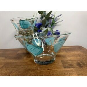 Vintage Anchor Hocking Turquoise Leaf Chip Dip Set MCM Glass‎ Bowls Brass Holder